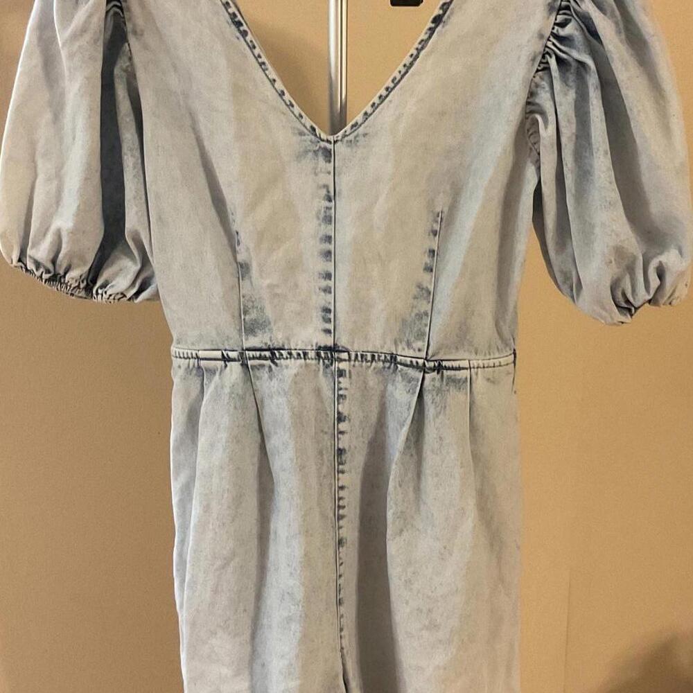 Retro Style Fab'rik Light Wash Puff Sleeve Denim Romper - Size Small